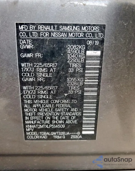 2020 Nissan Rogue S from USA, damaged, VIN KNMAT2MTXLP514509